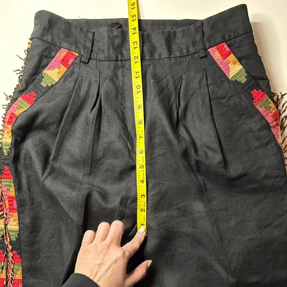 Farm Rio | Carrot Fringe Tailored Linen Embroidered Pants | Black | Size M - Picture 14 of 15
